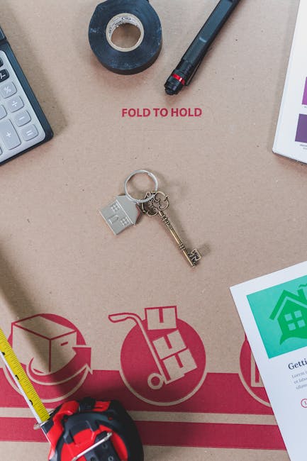 A photograph shows a flat cardboard moving box with a printed instructional diagram for packing and lifting, featuring red icons and text such as 'FOLD TO HOLD'. On the box surface, there is a small s
